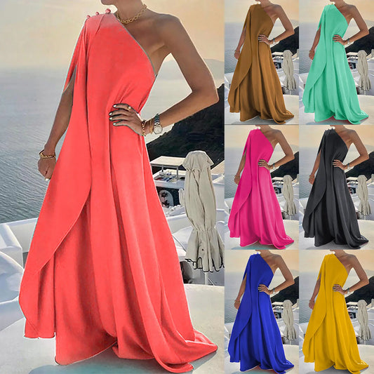 One Shoulder Swing Dresses Elegant Ladies Wedding Party Sleeveless Maxi Dress
