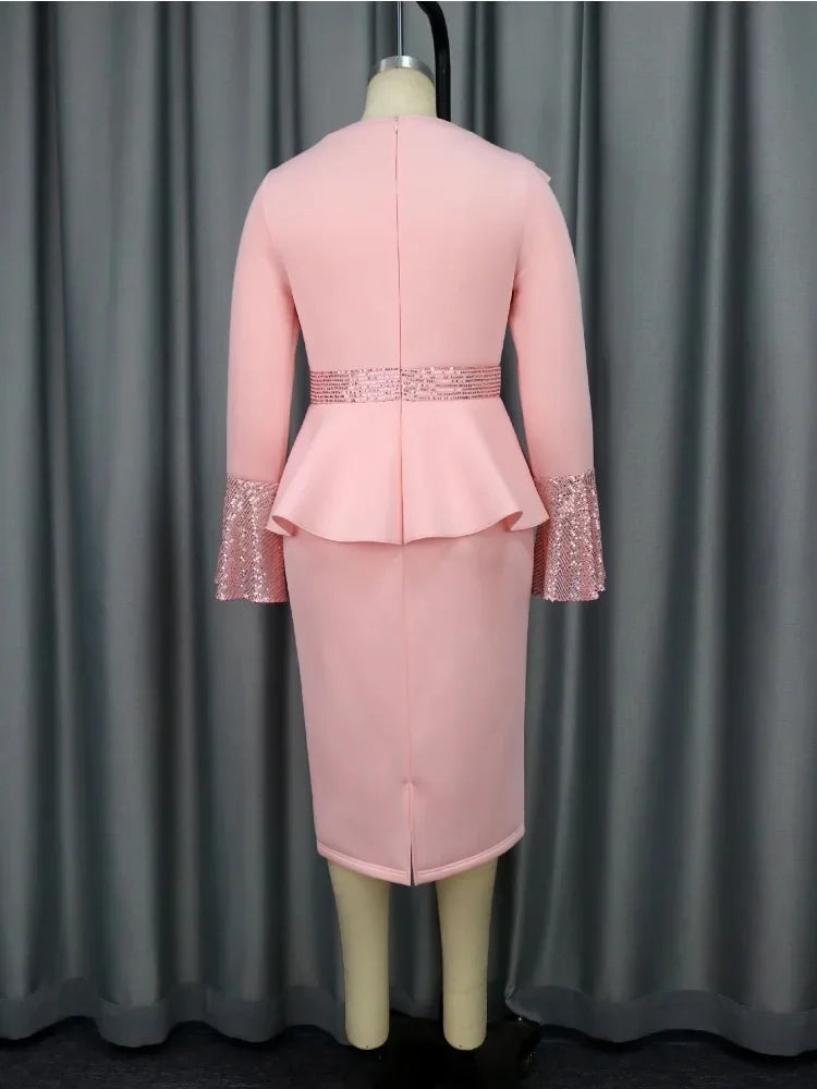 Church Dresses Women Elegant Ruffles Long Flare Sleeves Sequined Party Bodycon Peplum Classy Wedding Guest
