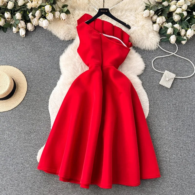 Chic One Shoulder Pleated Sleeveless Solid A-line Dress High Waist Evening Party Strapless Dress Women Summer