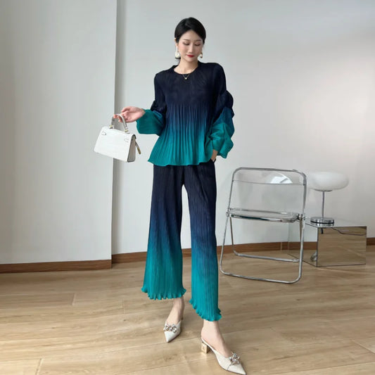 Pleated Pants Set Gradient Bubble Sleeve Loose Women's  Two-piece Suit
