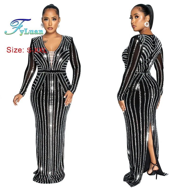 Black Sparkle Rhinestone Maxi Dress Fashion Long Sleeve V Neck Elegant Slim Long Party