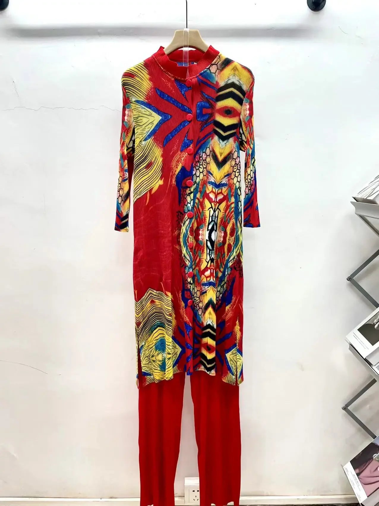 Miyake Pleated Printed Cardigan Stand-up Collar Long Top + High-waisted Versatile Straight-leg Pants 2-piece Set