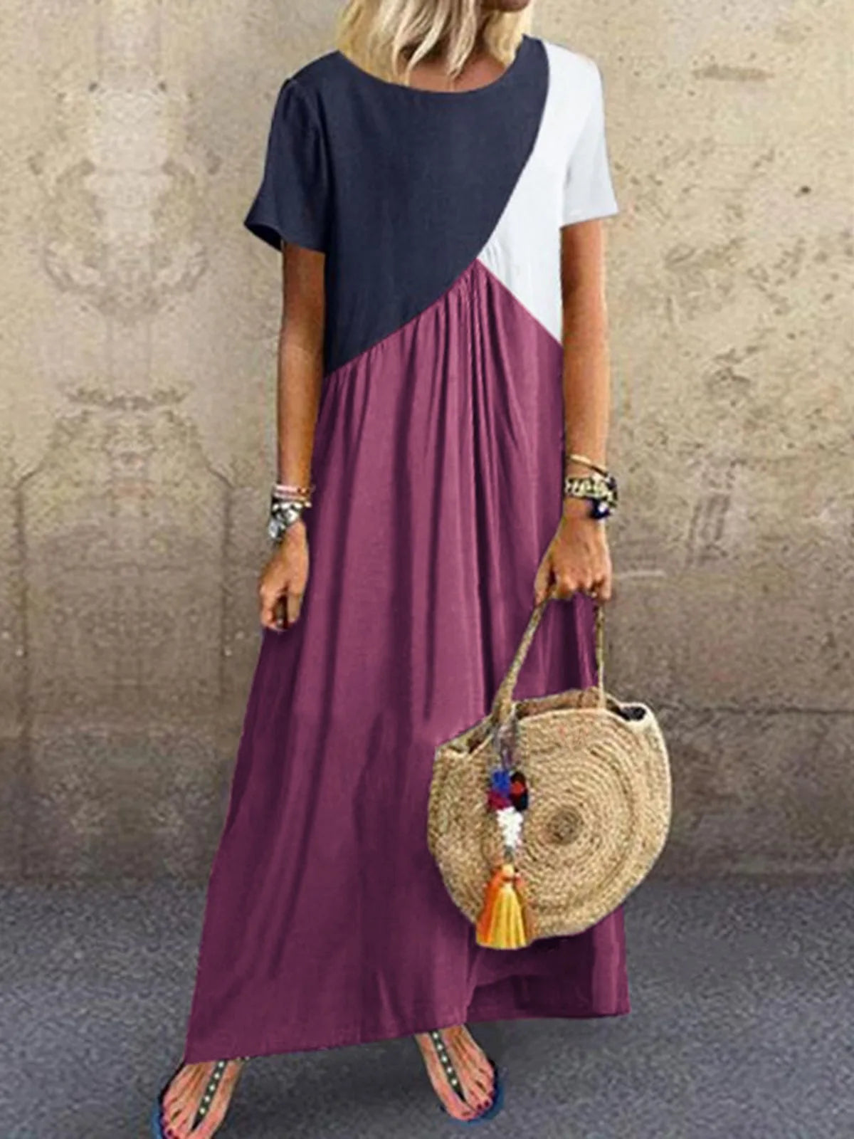 Spring And Summer Women's  Splicing Dress Casual Short Sleeved Round Neck Beach Long Dress