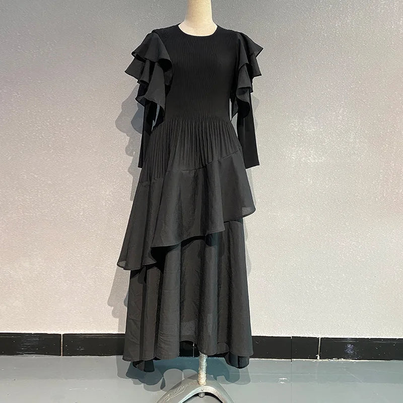 Fashion Pleated Long Dress Long Sleeve Pleated Dresses