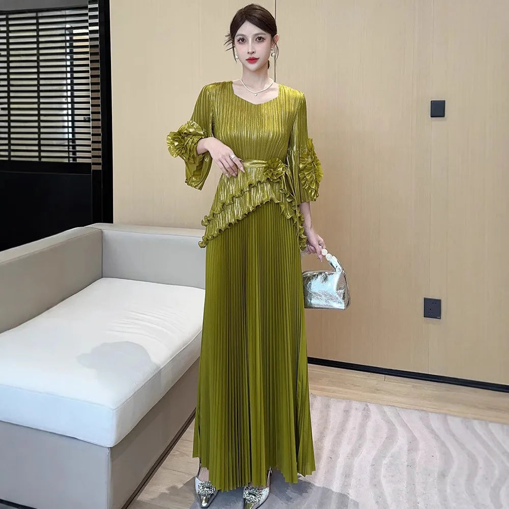 Free Size Pleated Women's Suit Irregular Top + High Waist Long Half Skirt Two-piece Set