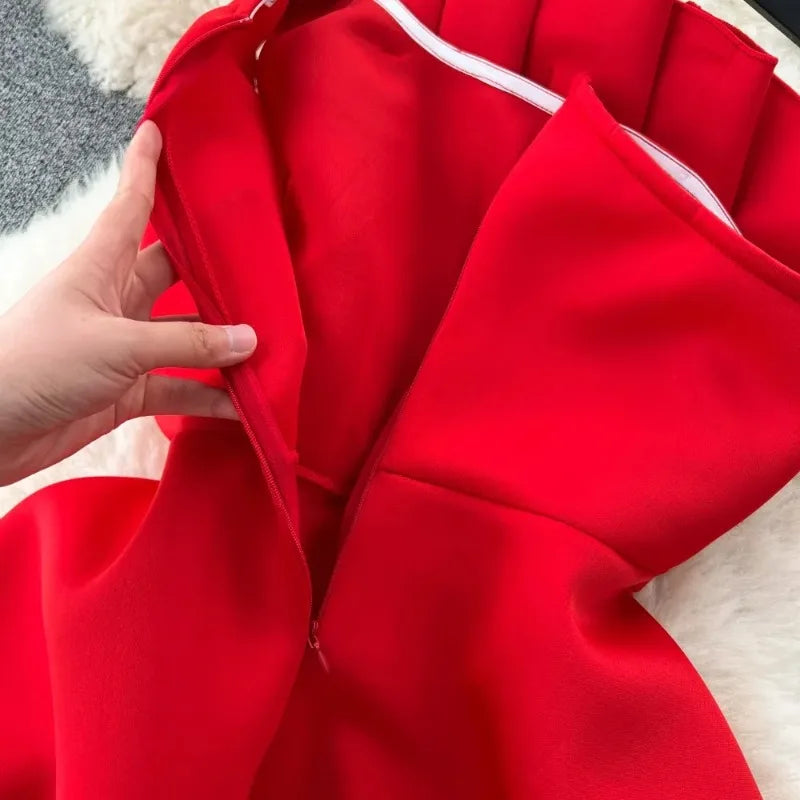 Chic One Shoulder Pleated Sleeveless Solid A-line Dress High Waist Evening Party Strapless Dress Women Summer