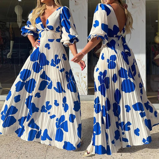 Summer New Women's Fashion V-Neck Medium Sleeve Medium And Long Printed Dress