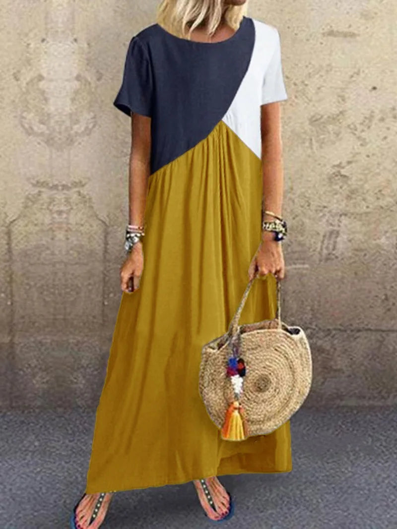 Spring And Summer Women's  Splicing Dress Casual Short Sleeved Round Neck Beach Long Dress
