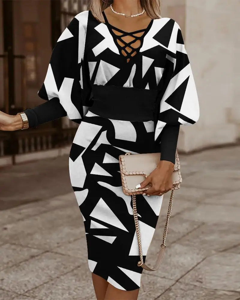 Elegant Long-sleeved V-neck Waist Dress  Winter Slim Vintage Dresses