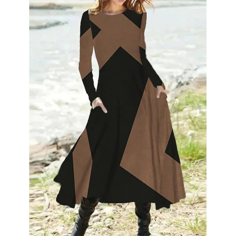 Autumn And Winter Women's Long Sleeve Swing Long Dress Retro Geometric Print Round Neck
