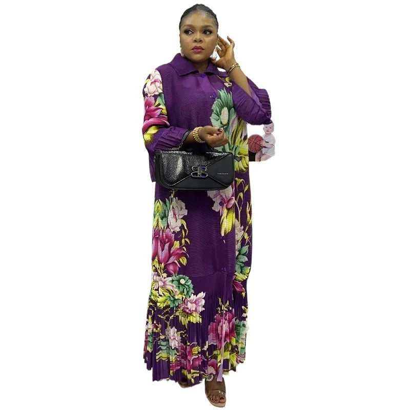 Pleated Elegant Dress Women Bell Sleeve Ruffled Robe Loose Large Size Women's Cardigan Dress
