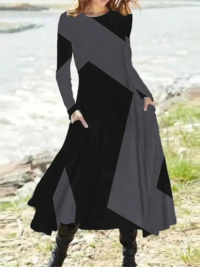 Autumn And Winter Women's Long Sleeve Swing Long Dress Retro Geometric Print Round Neck