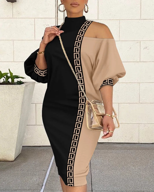Lantern Sleeve Loose Dress Women Half Sleeve Cutout Colorblock Midi