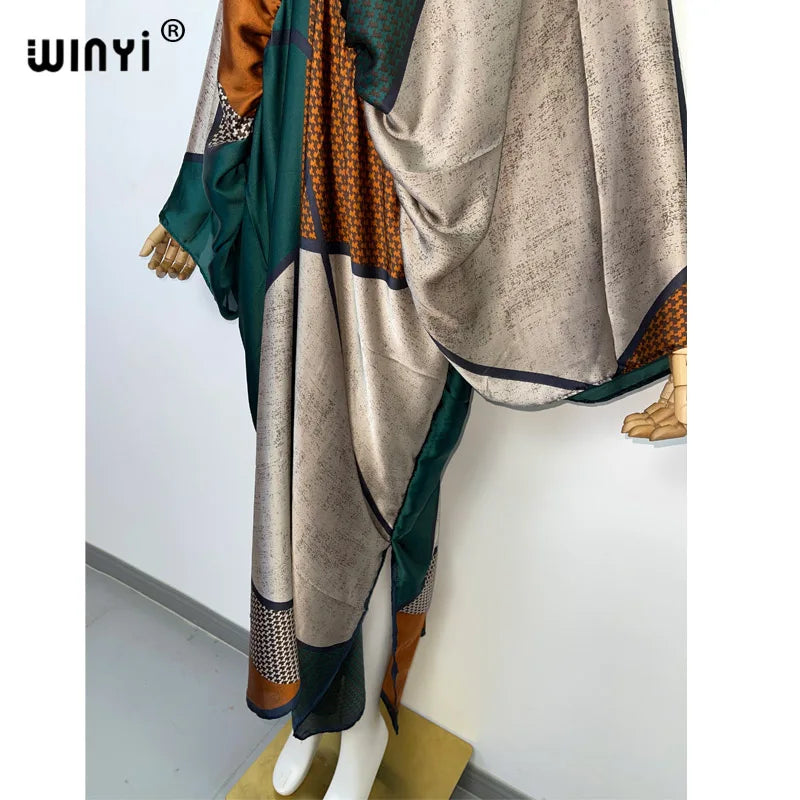 Retro Printed Party Long Dress Women Elegant kaftan Deep V Neck long Sleeve Dress