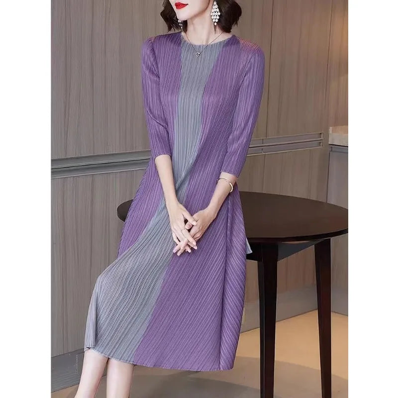 Women Vintage Elegant Summer Casual O Neck 3/4 Sleeve Loose Midi Dress