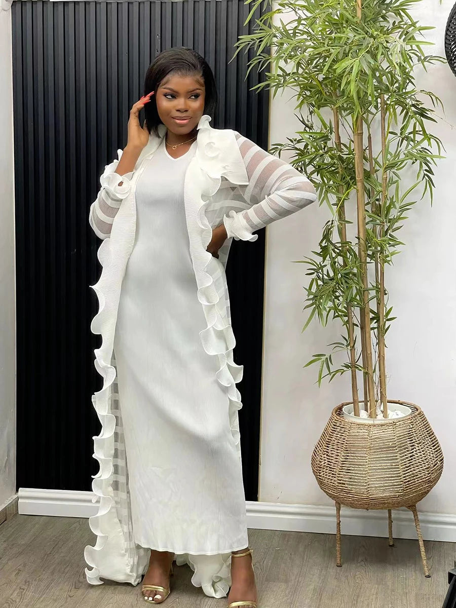 Pleated Set Solid Flounced Full Sleeved Evening Party Two Piece Sets Women