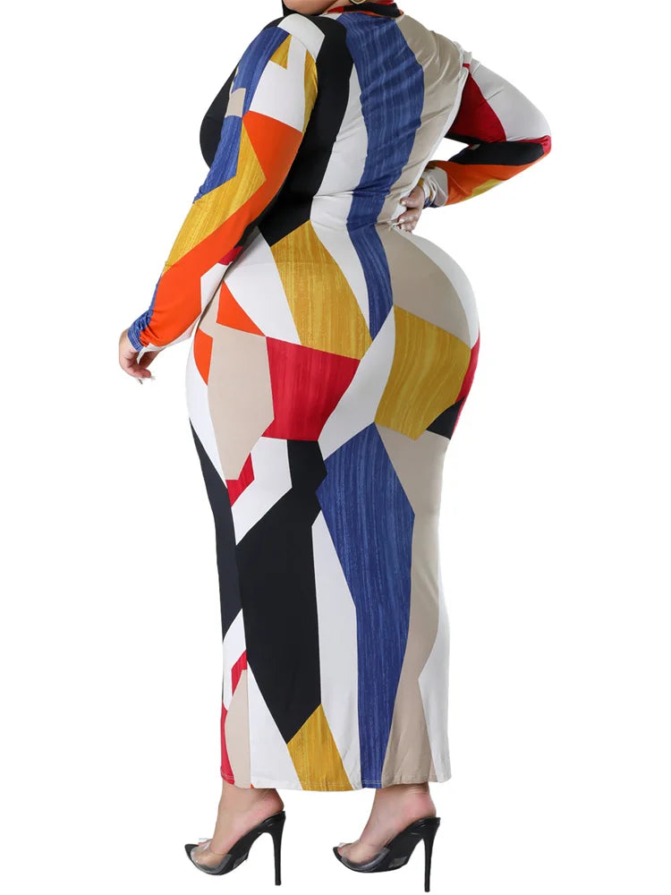 Women Printed Fashion Long Sleeve Bodycon Maxi Dresses