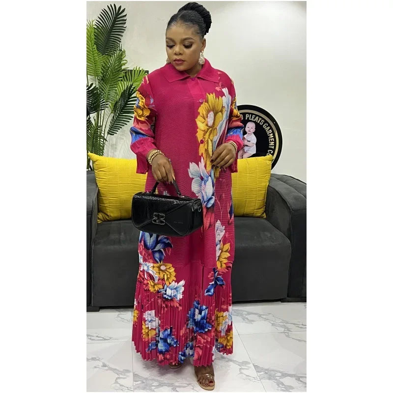 Pleated Elegant Dress Women Bell Sleeve Ruffled Robe Loose Large Size Women's Cardigan Dress