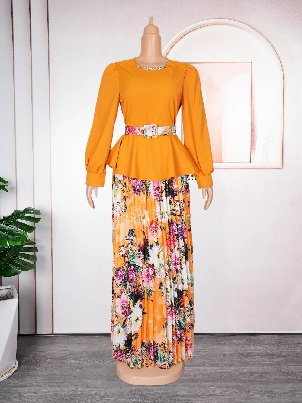 Elegant Fashion Printed Dresses Full Sleeve Belt Luxury Birthday Party Dinner