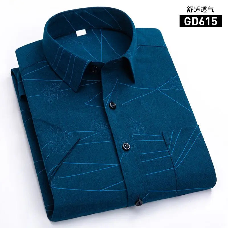 Men's Short-Sleeved White Dress Shirts Classic Plaid Stripes Cotton Slim Business Casual