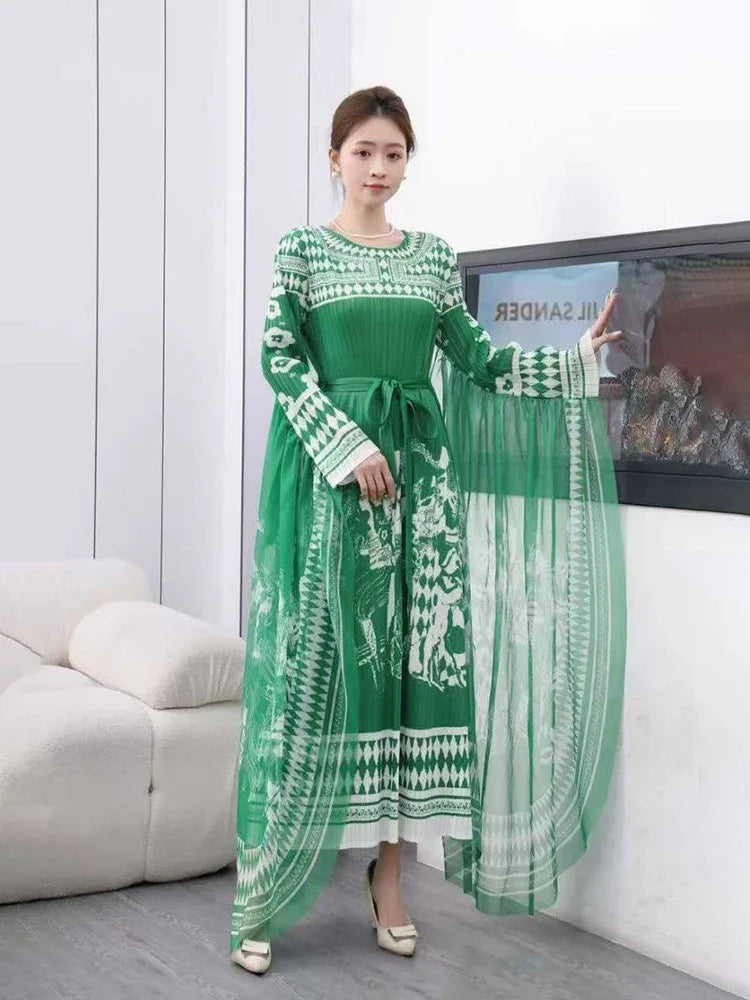 Pleated Maxi Dress 2025 Summer New Elegant Round Neck Long Sleeve Fashion Printed Lace Long Dresses for Women
