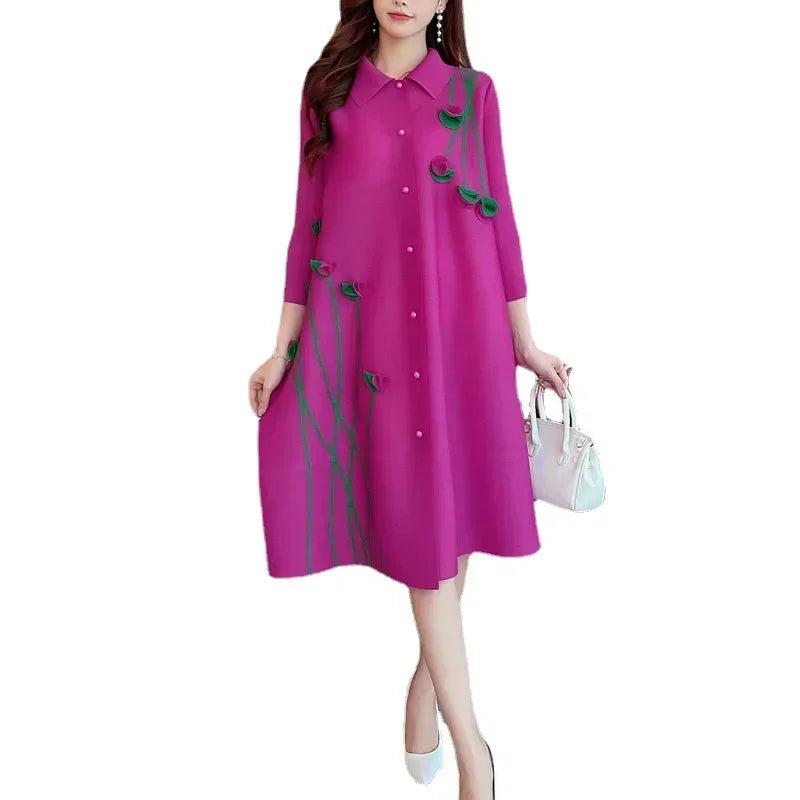 Pleated Dress Dress Lapel Print Loose  Cardigan