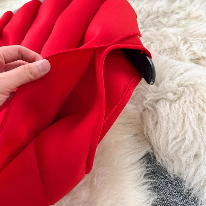 Chic One Shoulder Pleated Sleeveless Solid A-line Dress High Waist Evening Party Strapless Dress Women Summer