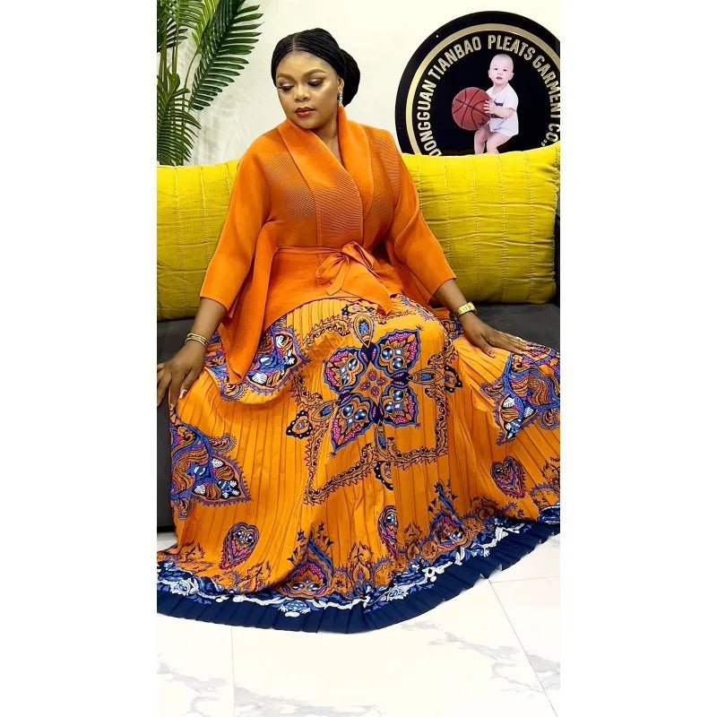 One Size Pleated Elegant Party 2 Piece Set Women Belt Batwing Sleeves Tops A-line Print Folds Long Skirt Fashion New Sets