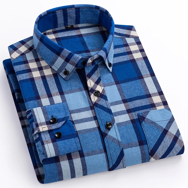 Royal Blue Plaid long-sleeve shirts men slim fit casual shirt