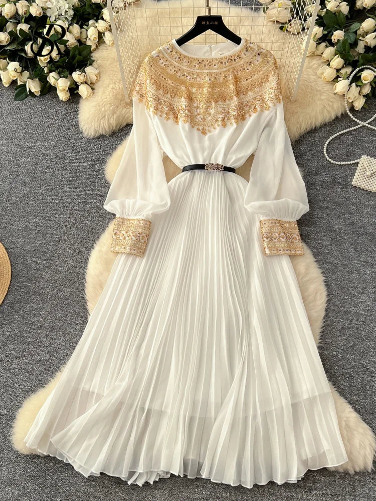 Sequined Vintage Long Dress Lantern Sleeves French Style Sashes Beading Pleated Maxi Dress