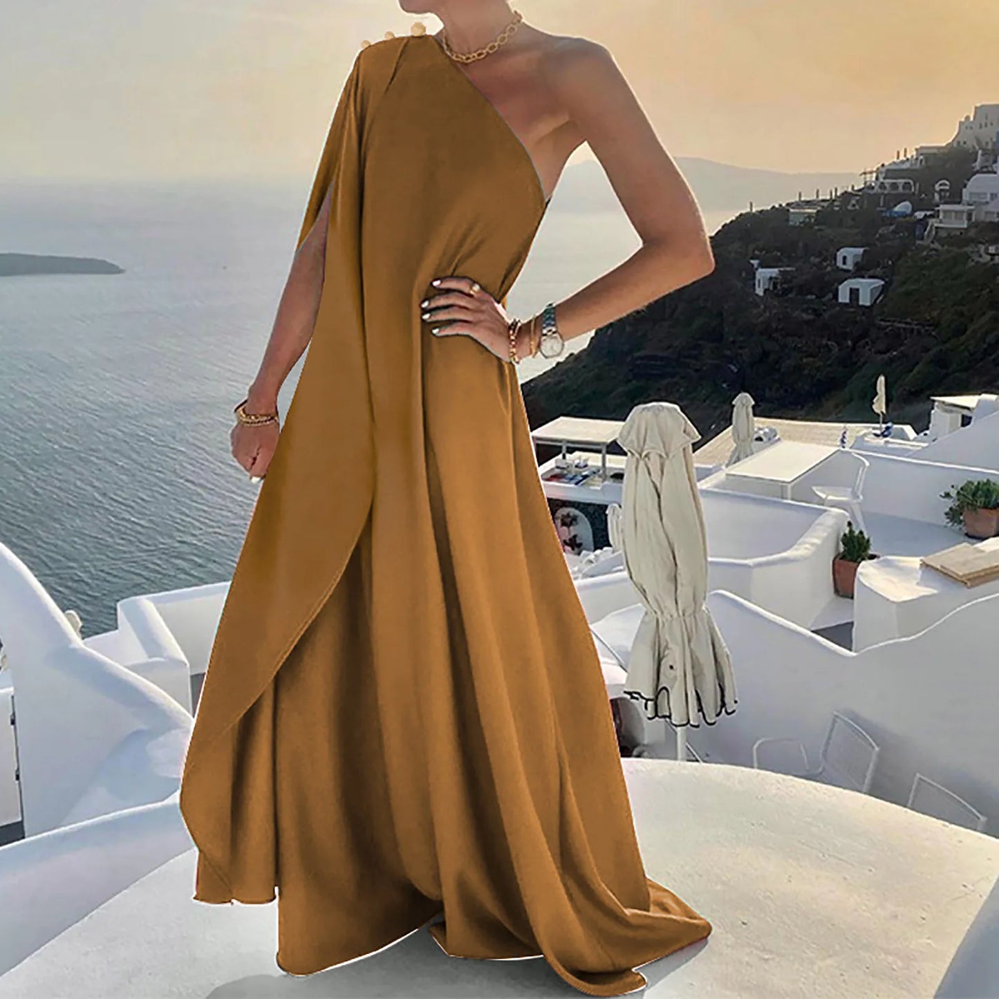 One Shoulder Swing Dresses Elegant Ladies Wedding Party Sleeveless Maxi Dress