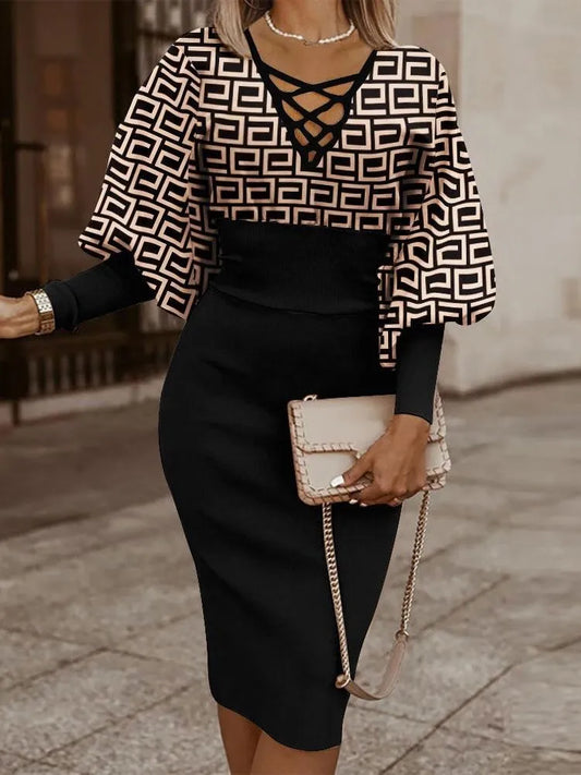Elegant Long-sleeved V-neck Waist Dress  Winter Slim Vintage Dresses