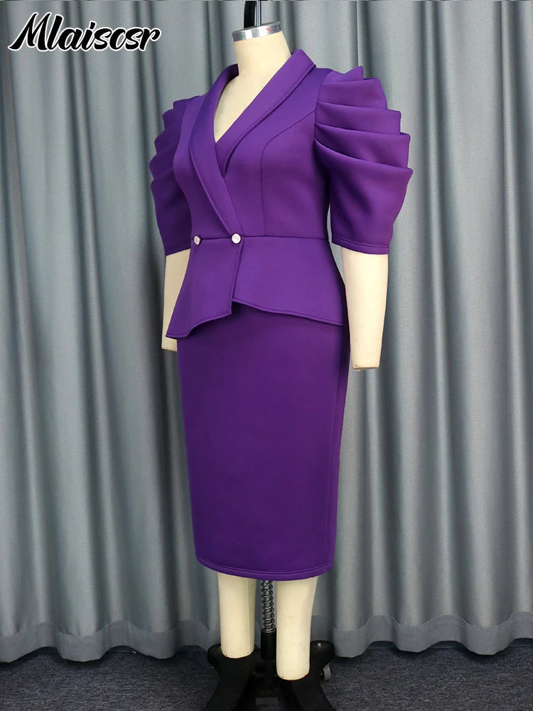 Elegant Bodycon Purple Dresses Woman V-Neck Half Sleeve
