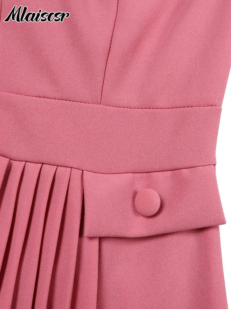 Elegant Pink A-line Dresses Women V-neck 3/4 Sleeve Pleat