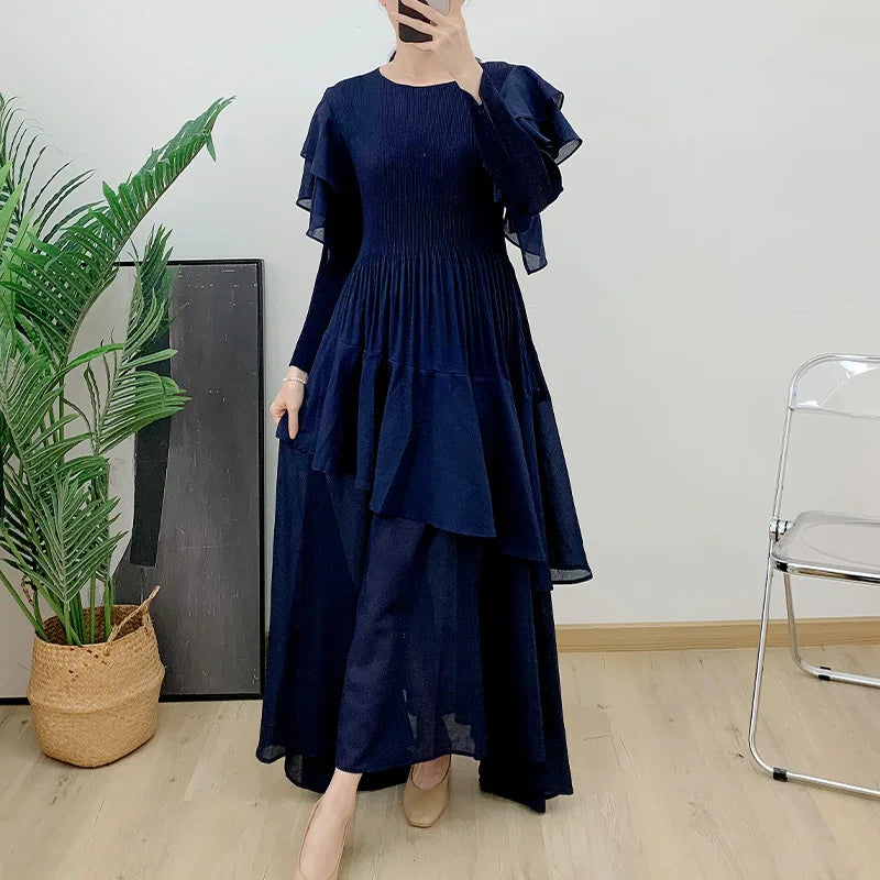 Ruffled Long Dress Long Sleeved Pleated Dress Elegant