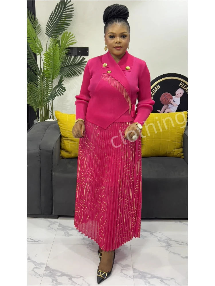 Pleated A-line Dress Suit Collar Mid To Long Cinching Women