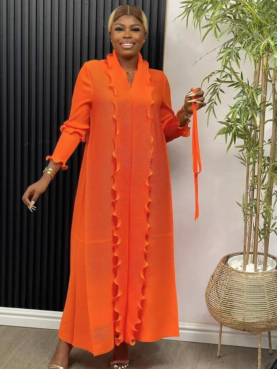 Pleated Maxi Long Dress Solid Ruffles Full Sleeve with Belt Formal Dresses