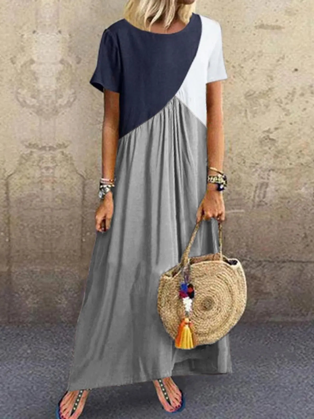 Spring And Summer Women's  Splicing Dress Casual Short Sleeved Round Neck Beach Long Dress