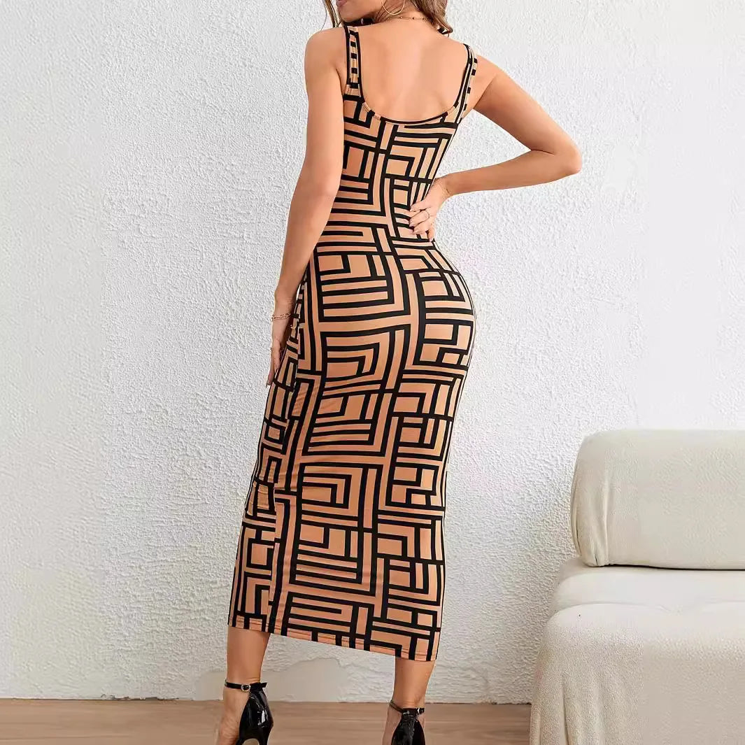 Womens Print Dresses Sleeveless Casual Round Neck Midi Skinny Dress