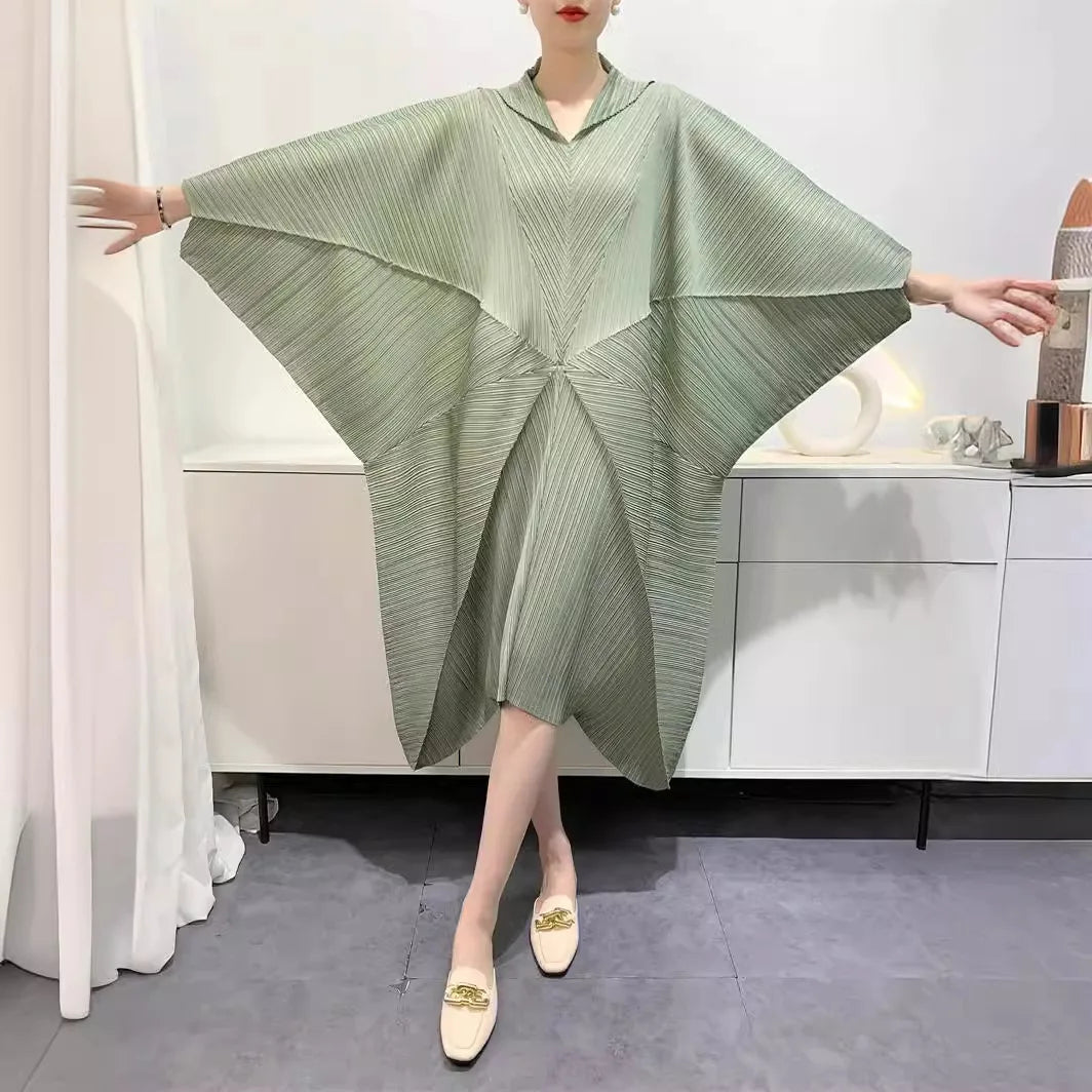 Pleated Dress Women's Bat wings loose  Splicing Solid Color Mid-length Skirt