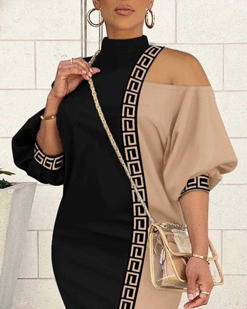 Lantern Sleeve Loose Dress Women Half Sleeve Cutout Colorblock Midi