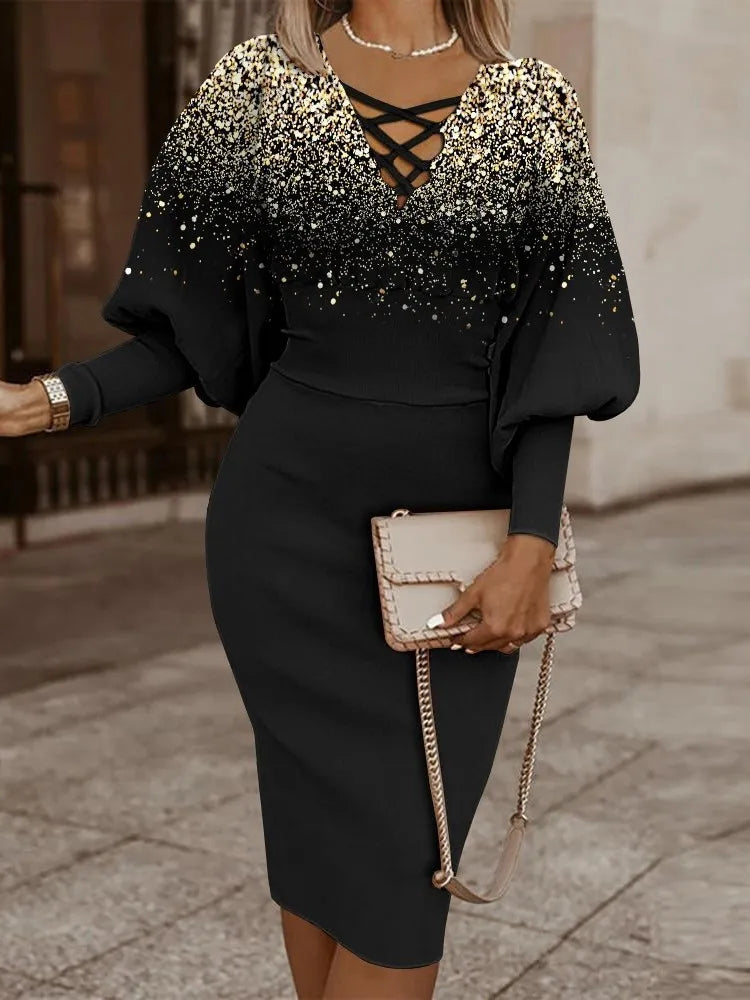 Elegant Long-sleeved V-neck Waist Dress  Winter Slim Vintage Dresses