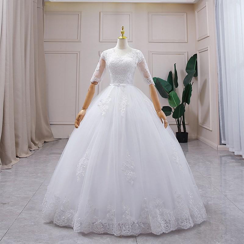 Luxury Full Sleeve Sexy V-neck Bride Dress With Train Ball Gown Princess Classic Wedding Gowns