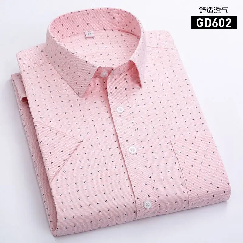 Men's Short-Sleeved White Dress Shirts Classic Plaid Stripes Cotton Slim Business Casual
