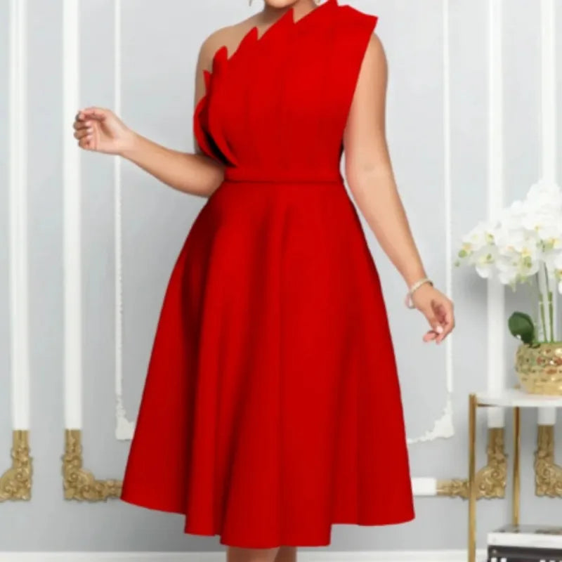 Chic One Shoulder Pleated Sleeveless Solid A-line Dress High Waist Evening Party Strapless Dress Women Summer