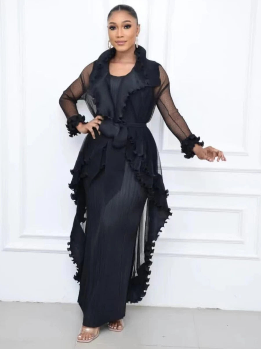 Pleated Set Solid Flounced Full Sleeved Evening Party Two Piece Sets Women