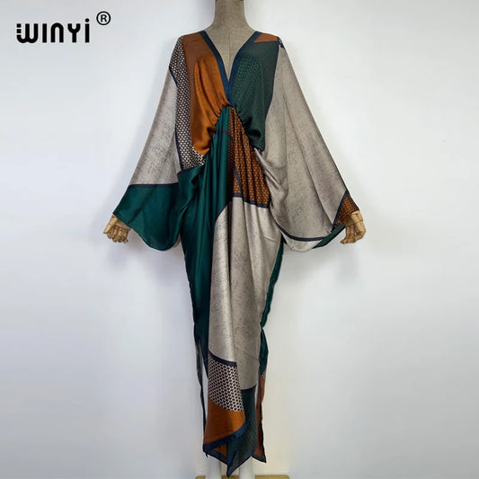 Retro Printed Party Long Dress Women Elegant kaftan Deep V Neck long Sleeve Dress