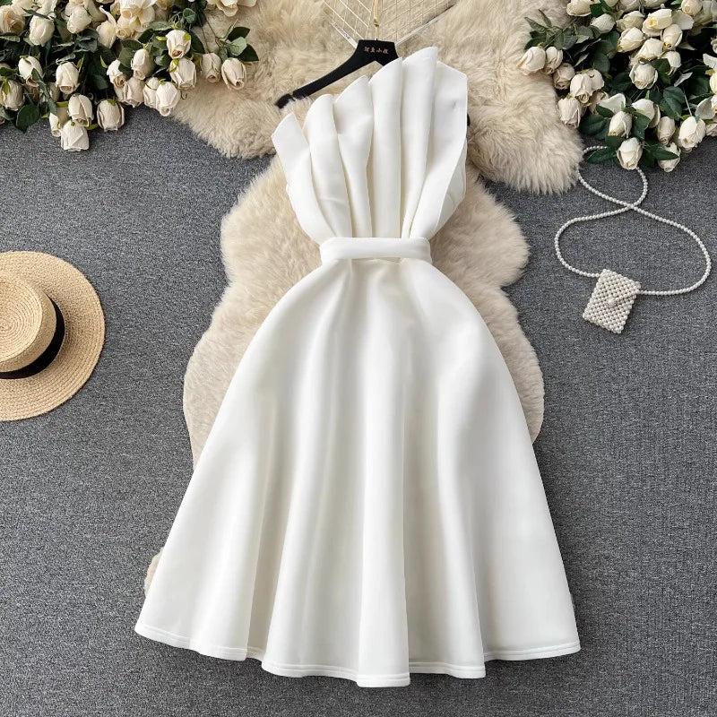 Chic One Shoulder Pleated Sleeveless Solid A-line Dress High Waist Evening Party Strapless Dress Women Summer