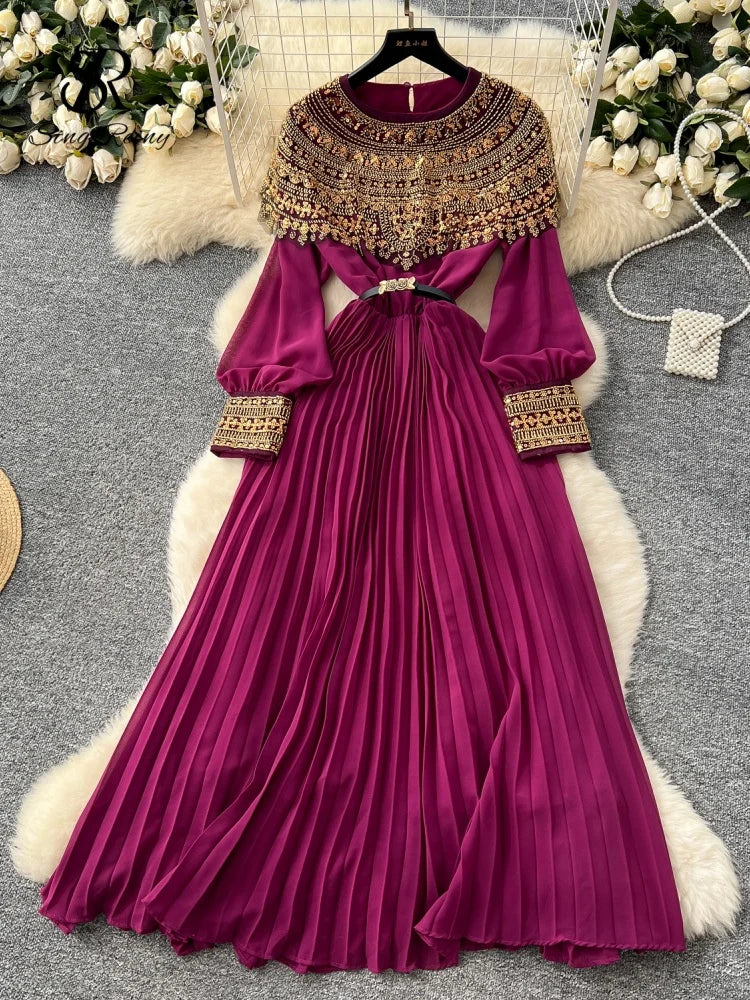 Sequined Vintage Long Dress Lantern Sleeves French Style Sashes Beading Pleated Maxi Dress