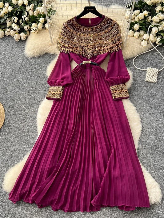 Sequined Vintage Long Dress Lantern Sleeves French Style Sashes Beading Pleated Maxi Dress